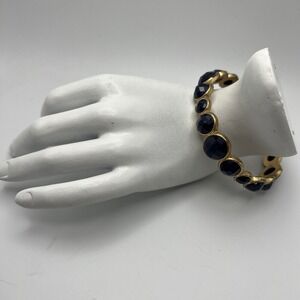 Womens Gold Tone Bracelet Navy Blue Acrylic Faceted Stone Bangle